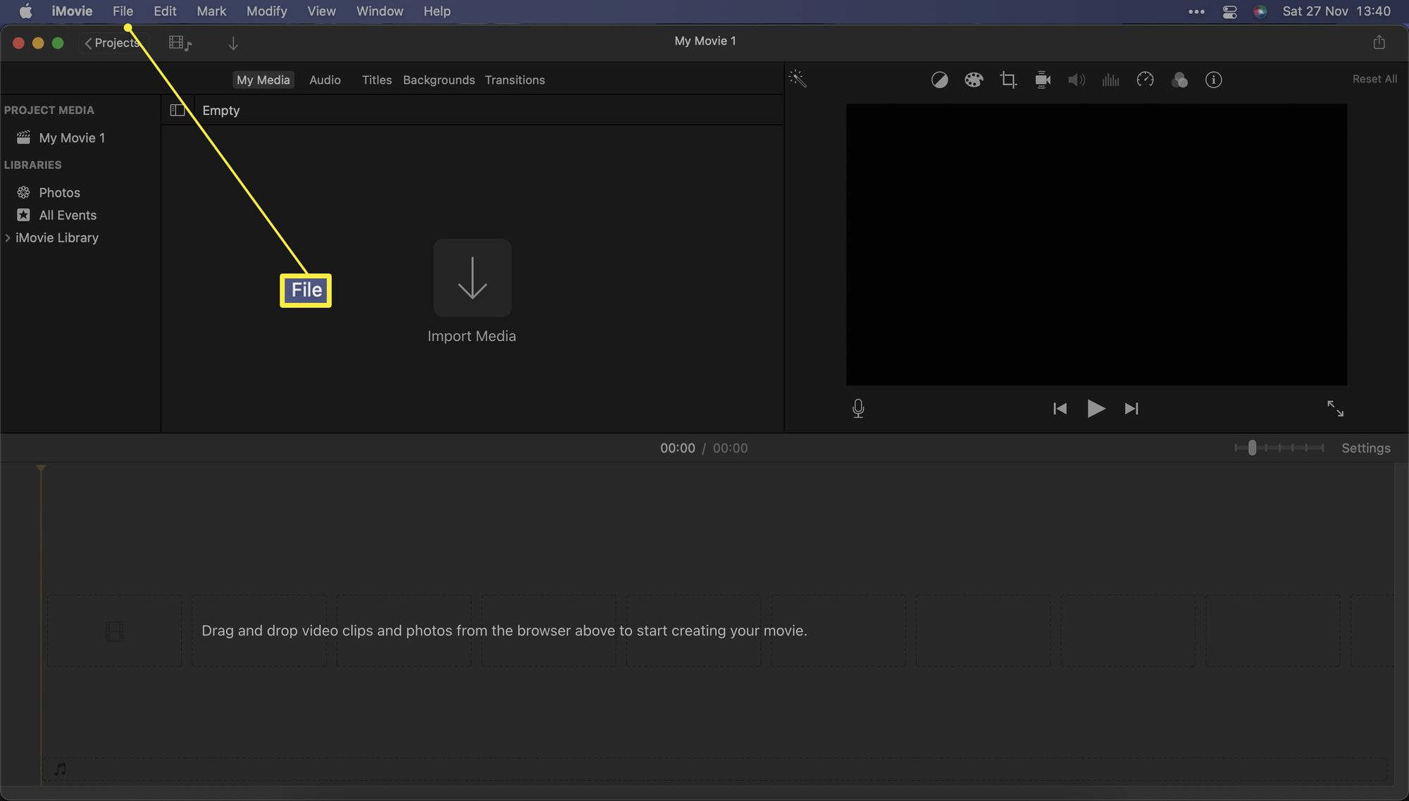 iMovie-sovellus, jossa Tiedosto-valikko on korostettuna