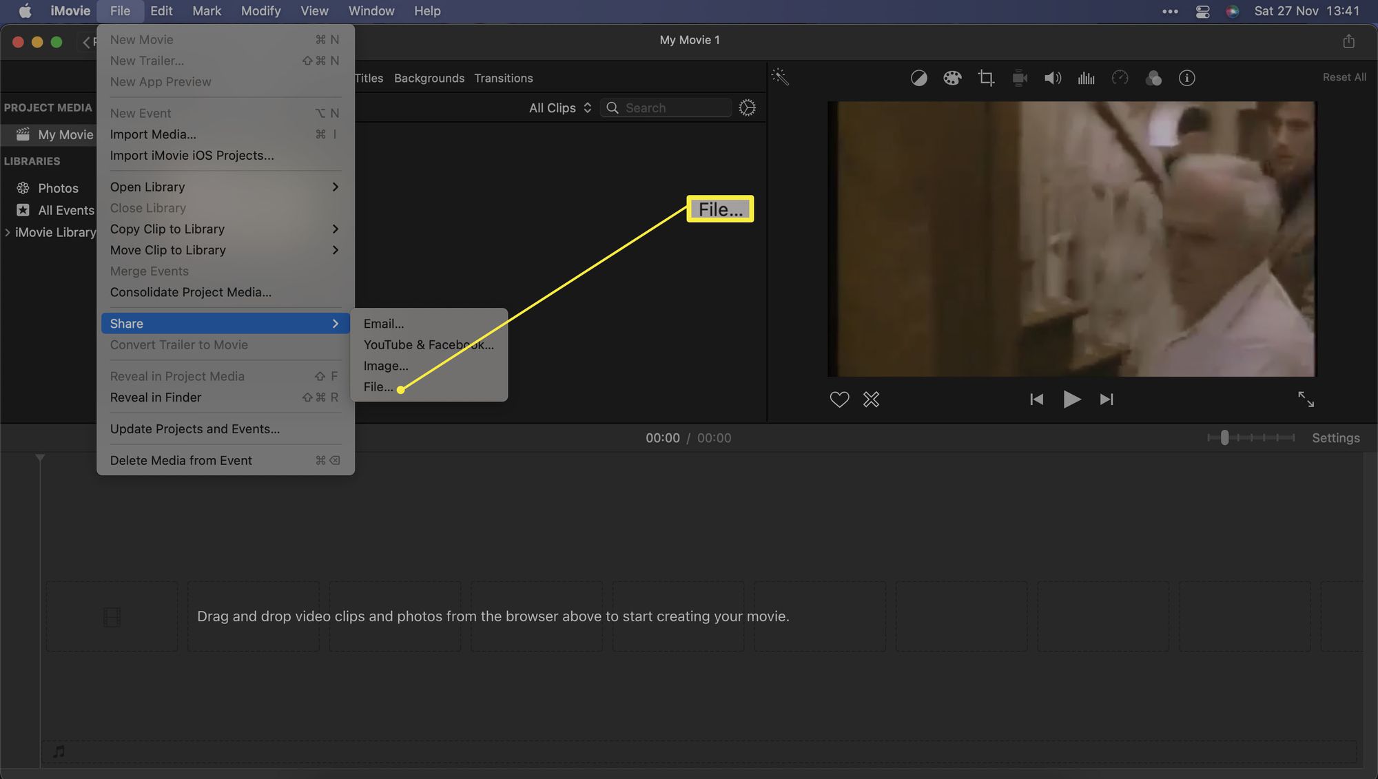 iMovie-sovellus, jossa on korostettuna tiedostonjakovaihtoehto 