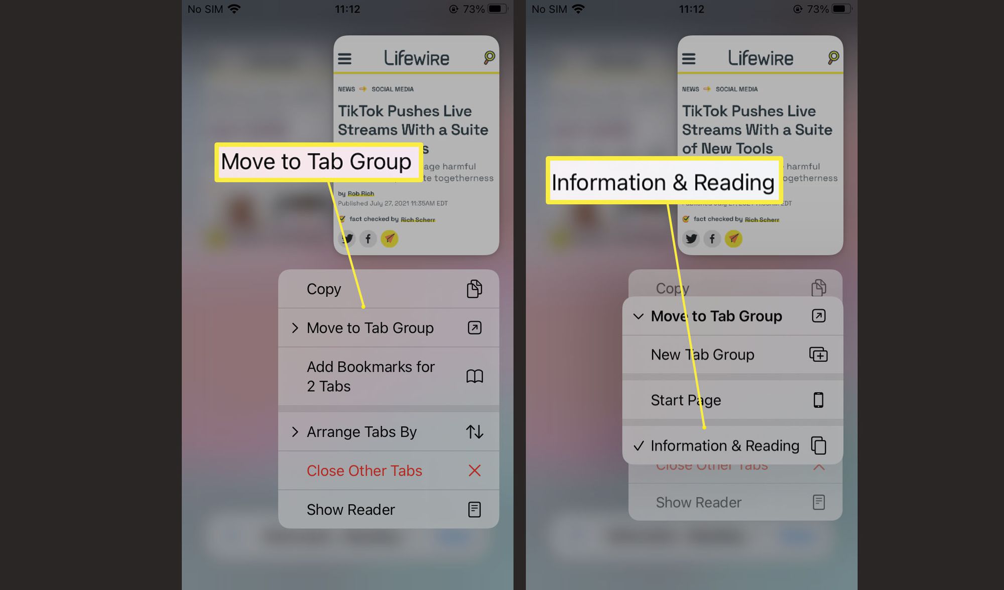 Tarvittavat vaiheet välilehtien siirtämiseksi välilehtiryhmään Safarissa iOS 15:ssä