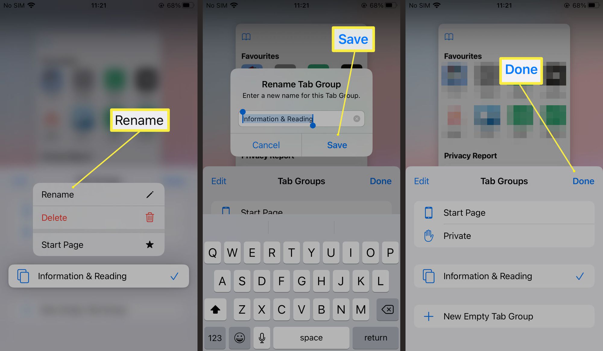 Välilehtiryhmän uudelleennimeämiseen tarvittavat vaiheet Safarissa iOS 15:ssä
