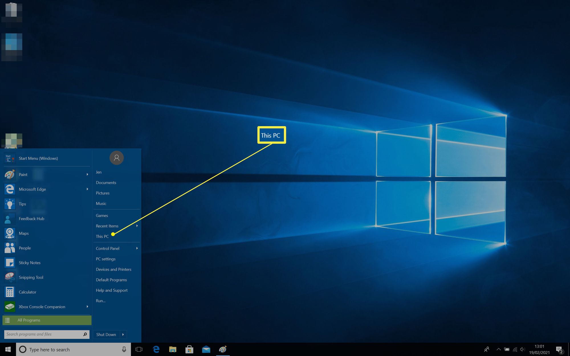 Windows 10:n Käynnistä-valikko Tämä tietokone on korostettuna