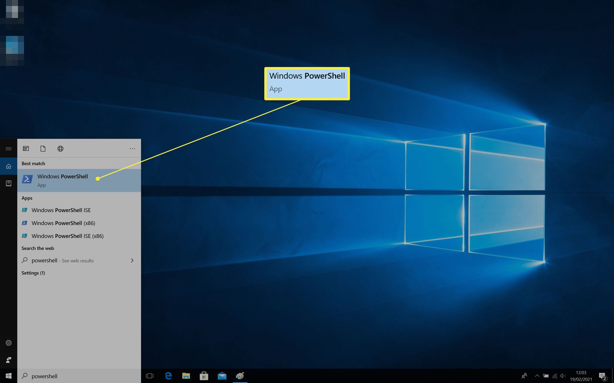Windows 10:n hakupalkin tulokset Powershell korostettuna