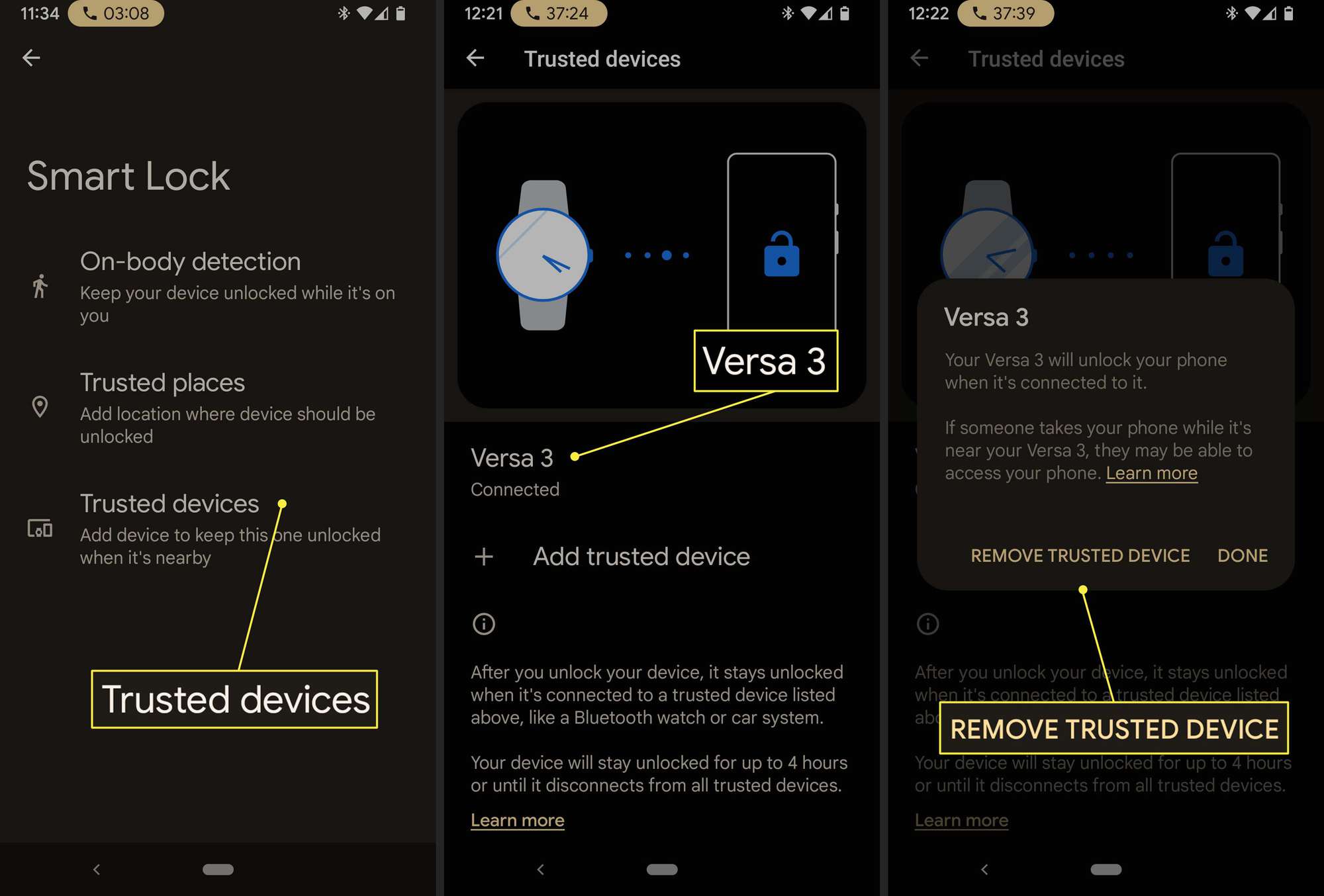 Android-käyttäjä poistaa Fitbit Versa 3:n luotetuksi laitteeksi