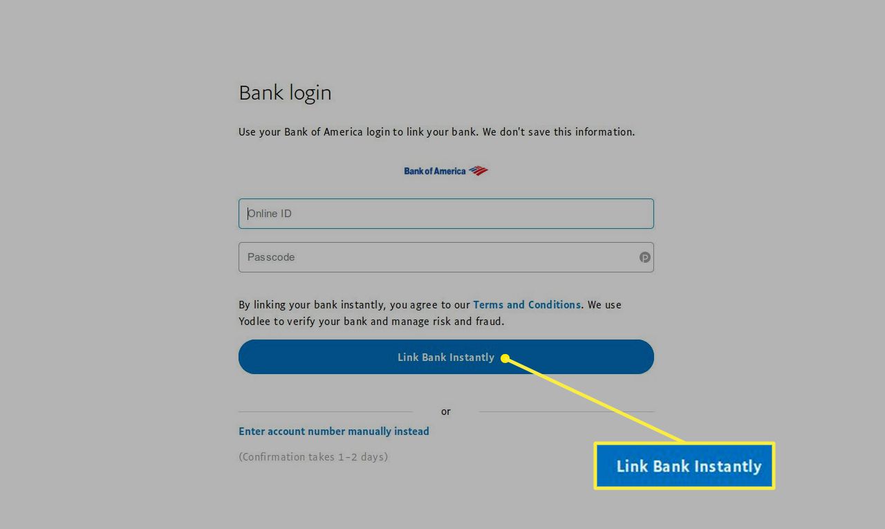 Pankkikirjautumisnäyttö PayPaliin, jossa Link Bank Direct on korostettuna