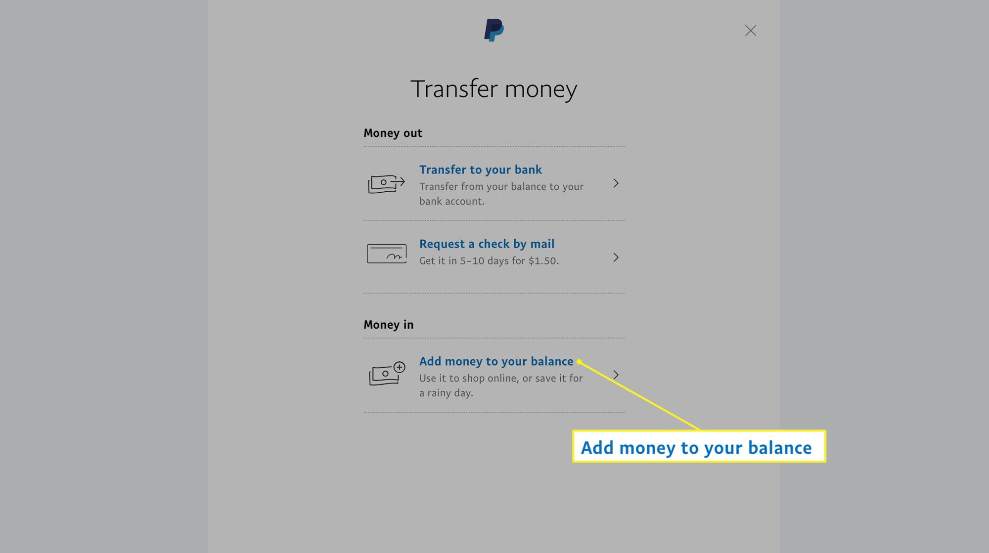 PayPal, jossa on merkintä Lisää rahaa saldoosi