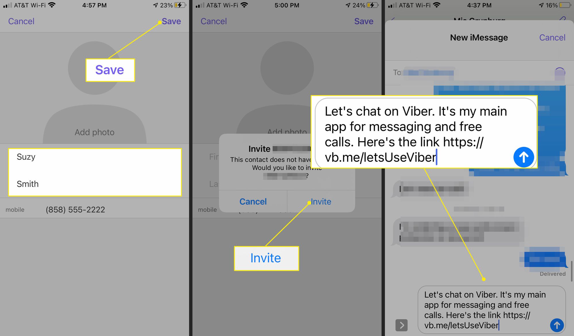 Viber-sovellus lisää yhteystietonäyttö tekstikutsulla