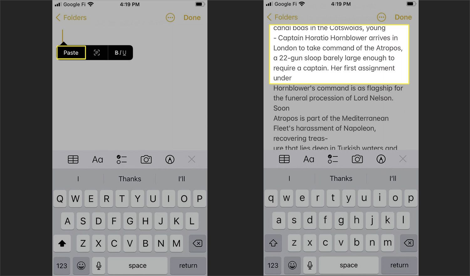 Liitä ja kopioi tekstivaihtoehto korostettuna Notes-sovelluksessa iOS 15:ssä.