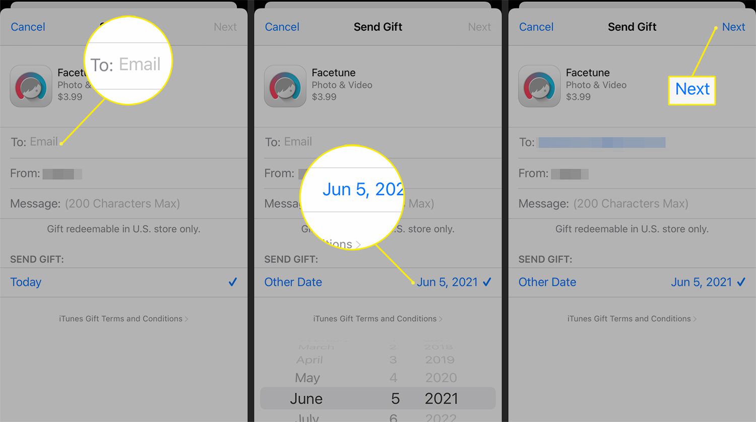Vastaanottaja-, lähettäjä- ja päivämääräkentät Send Gift -sovelluksen käyttöliittymässä iOS:ssä
