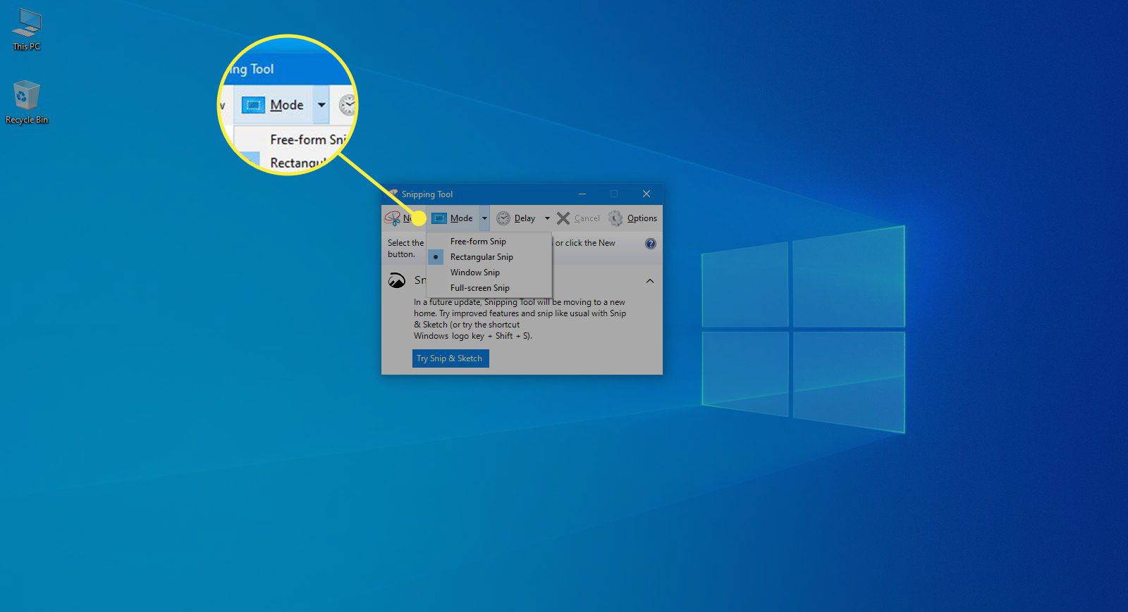 Tila-valikko Windows 10 Snipping Toolissa