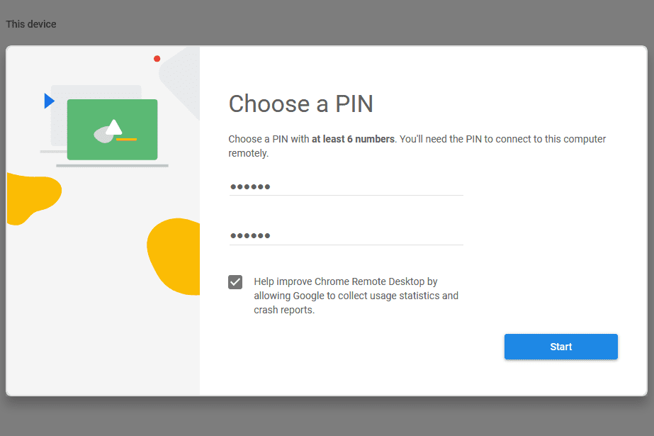 Kuvakaappaus Valitse PIN-koodi -sivulta Chrome Remote Desktopissa