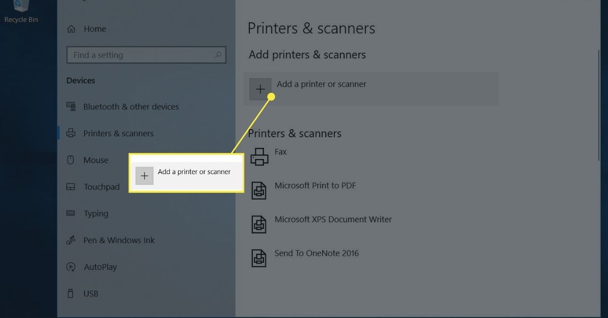 Tulostimen ja skannerin asetukset tulostimen lisäämiseksi Windows 10 -kannettavaan tietokoneeseen