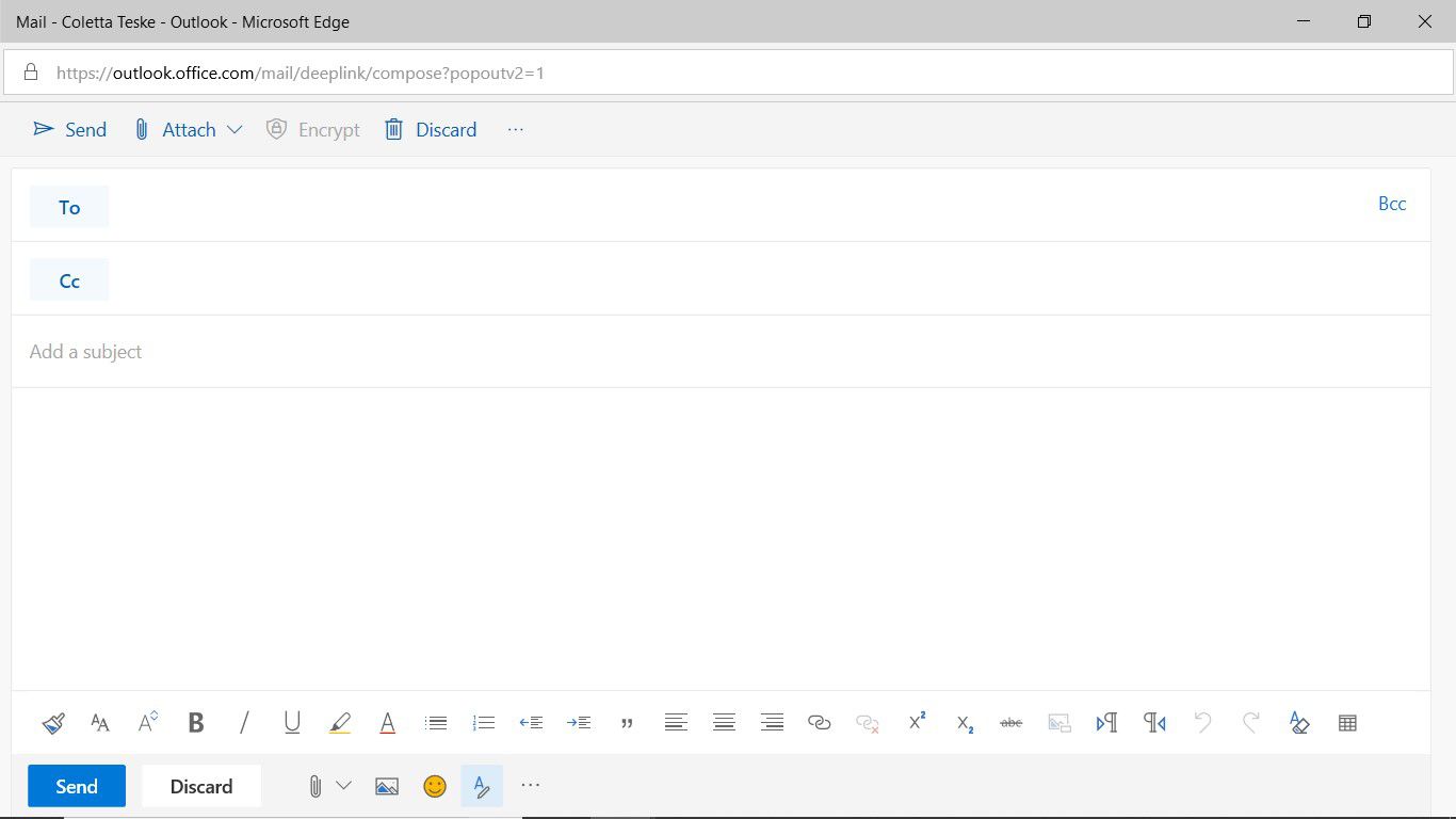Kuvakaappaus, jossa näkyy tyhjä uusi viesti-ikkuna Outlookin verkkoversiossa