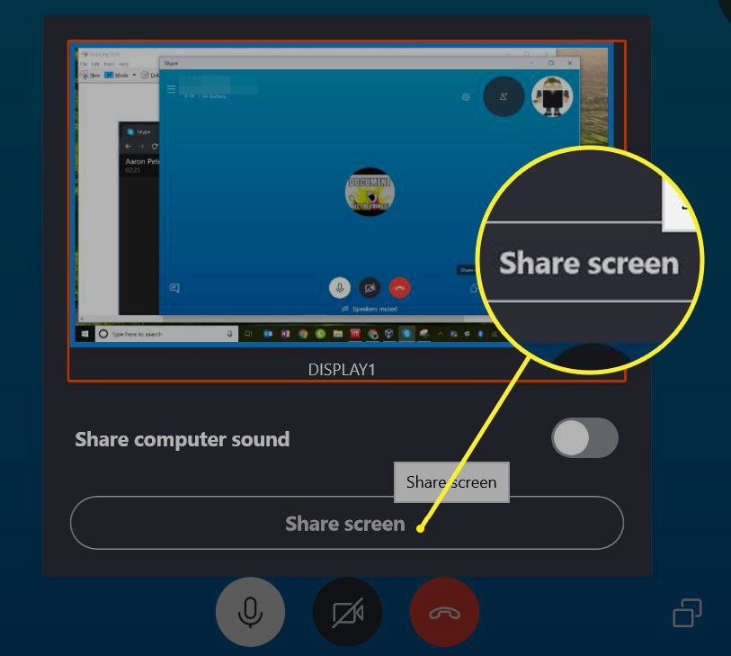 Skypen jaon esikatselunäyttö, jossa Share Screen -painike on korostettuna