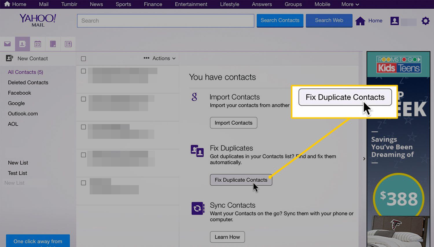 Korjaa päällekkäiset yhteystiedot -painike Yahoo!