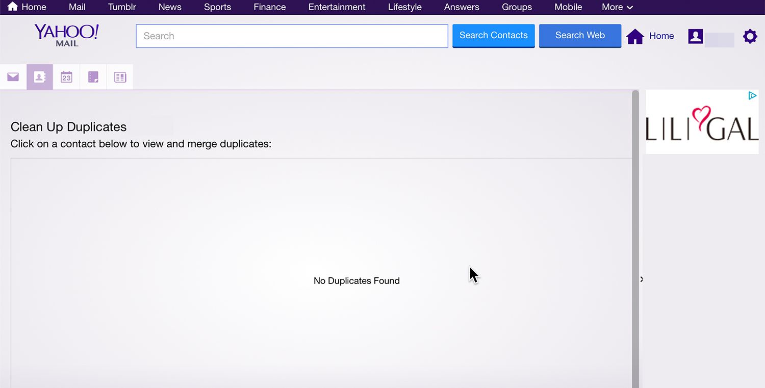 Yahoo kaksoiskappaleet -näytössä ei näy kaksoiskappaleita.