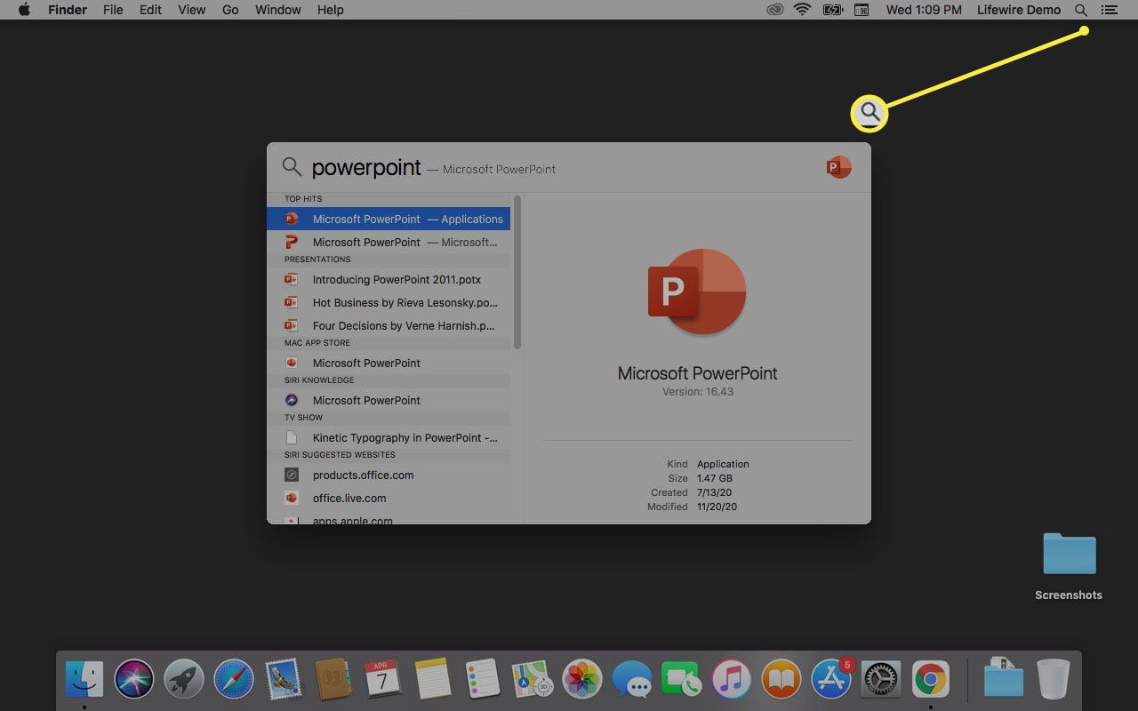 Etsi PowerPoint Spotlight-hausta macOS:ssä.