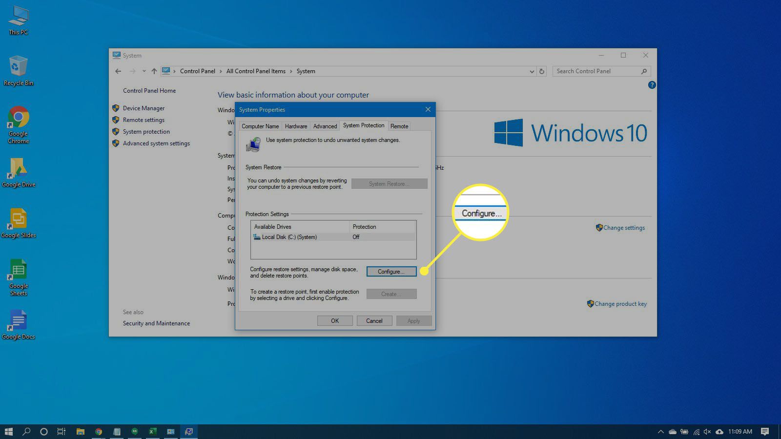Järjestelmän ominaisuudet Windows 10:ssä.