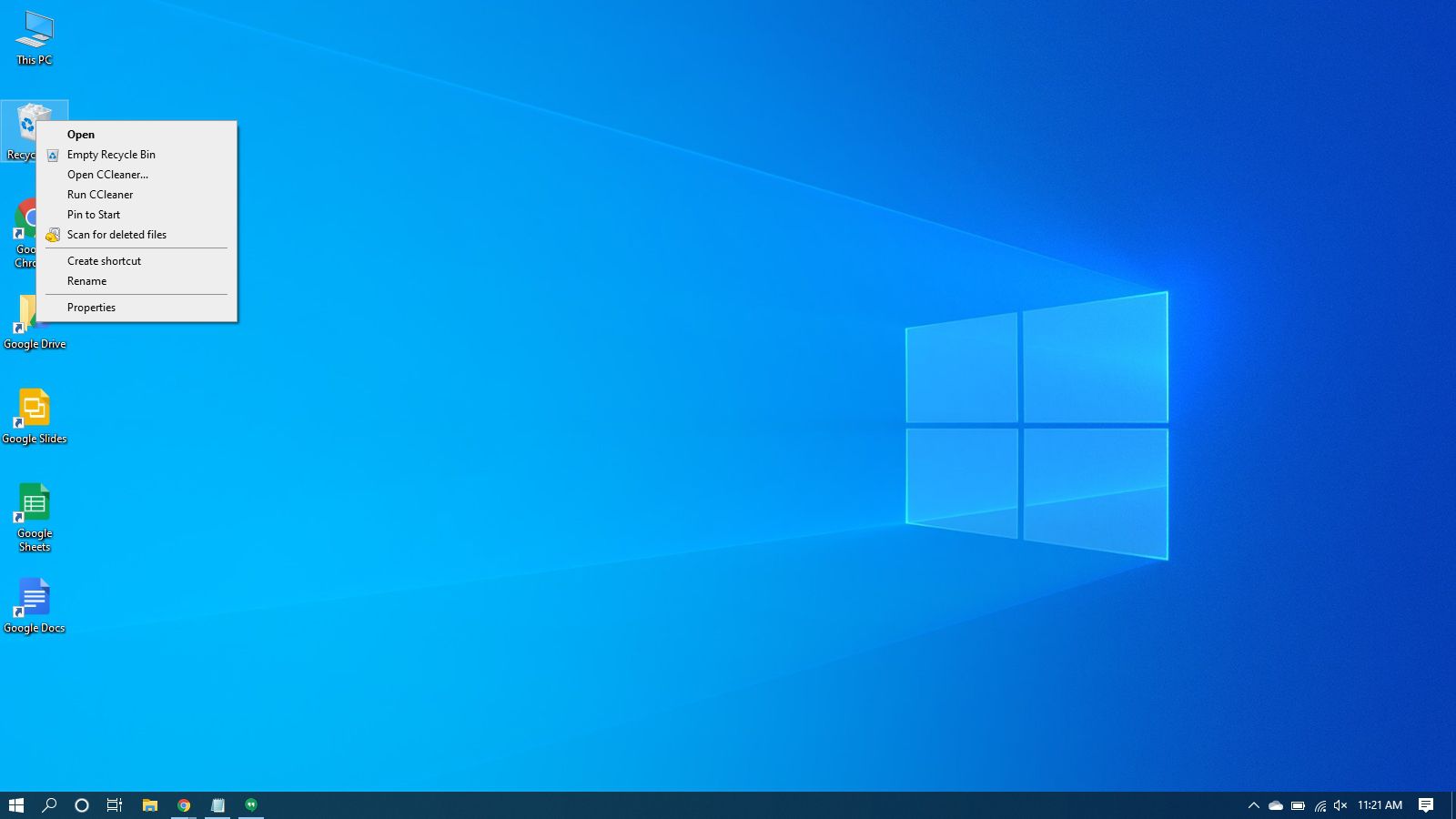 Napsauta hiiren kakkospainikkeella Roskakori-kontekstivalikkoa Windows 10:ssä.