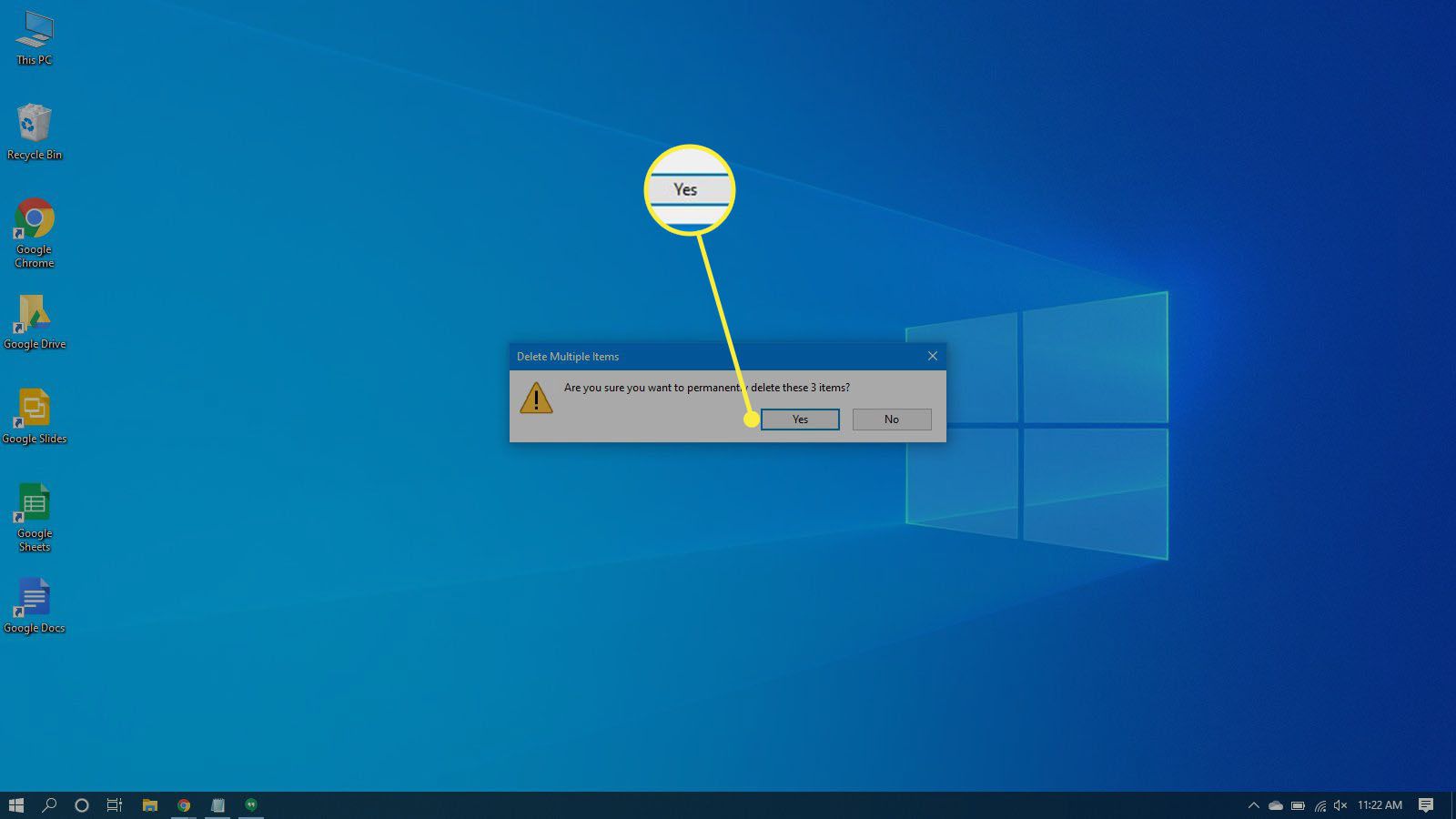 Windows 10:n roskakorissa olevien tiedostojen poistamisen vahvistus.