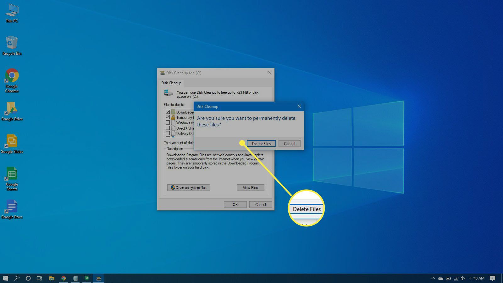 Vahvistus väliaikaisten tiedostojen poistamisesta Windows 10:ssä.