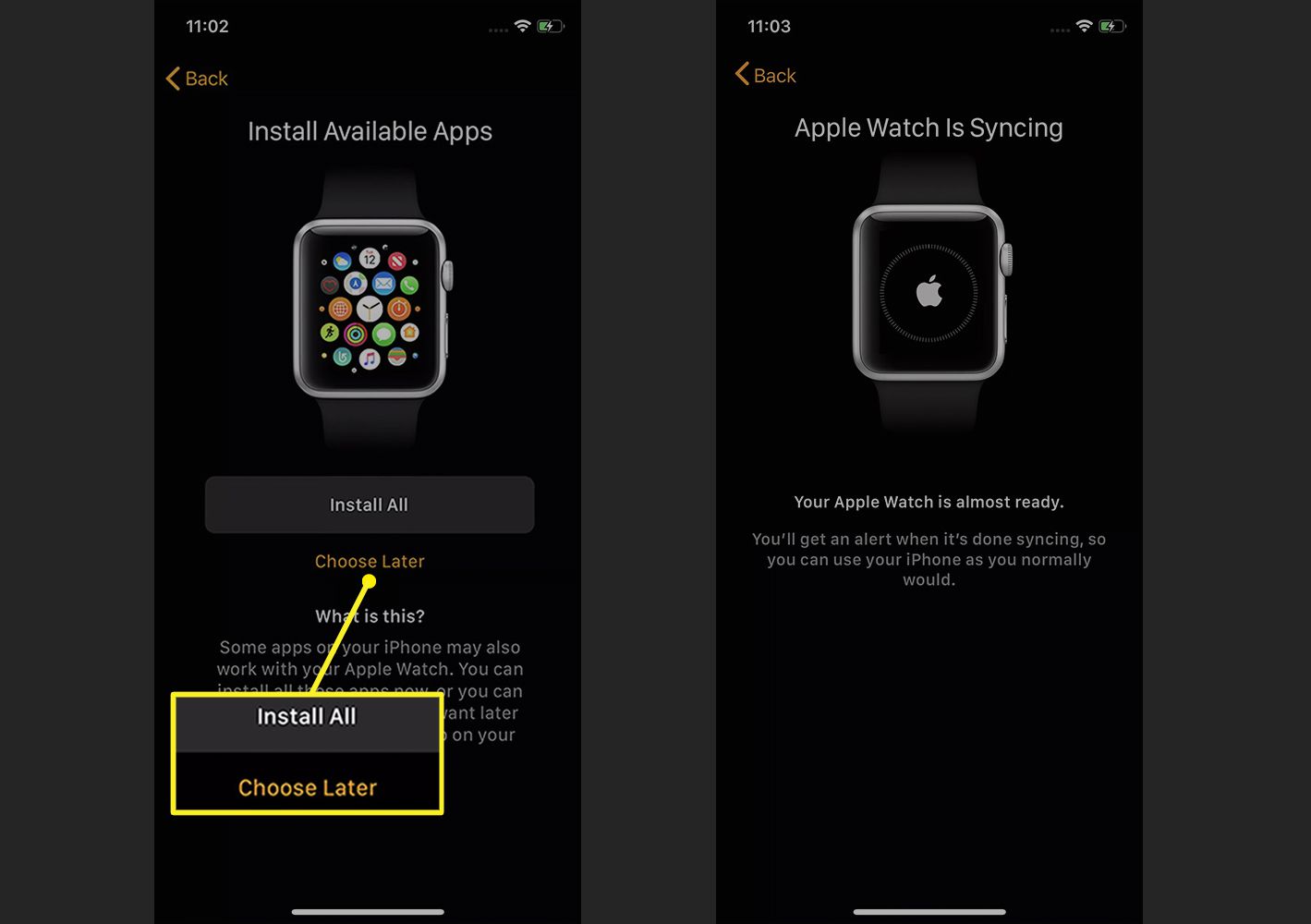 Apple Watch -sovellus näyttää sovelluksen asennuksen ensimmäisen asennuksen aikana