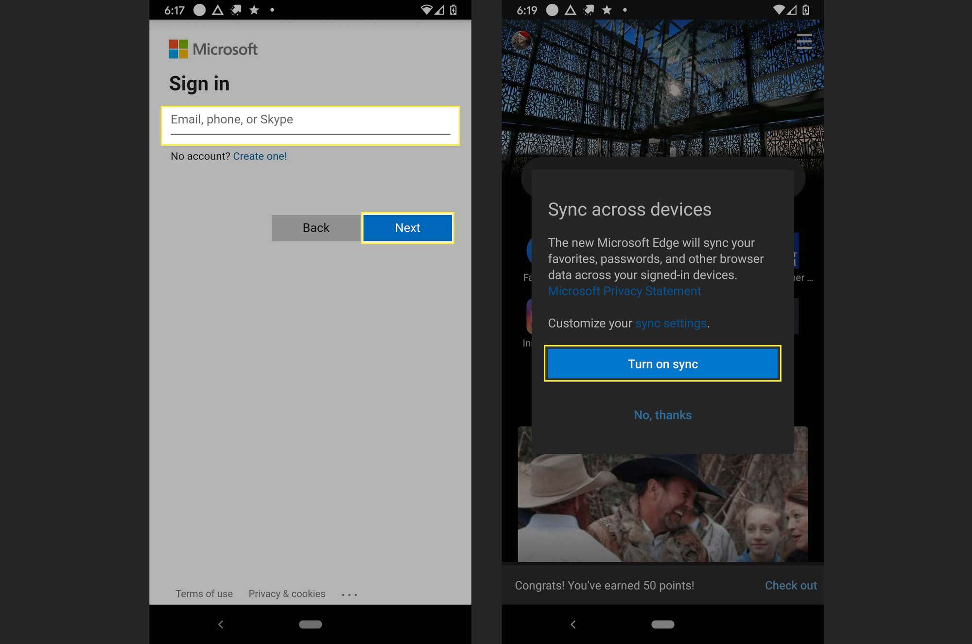 Suorita Microsoft-kirjautuminen, jotta voit synkronoida suosikit Androidin MS Edgessä.