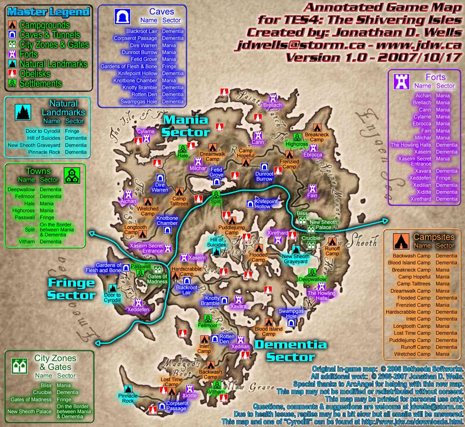 Tämä huomautuksilla varustettu Oblivion-kartta sisältää Shivering Isles -laajennuspakettiin lisätyn sisällön.
