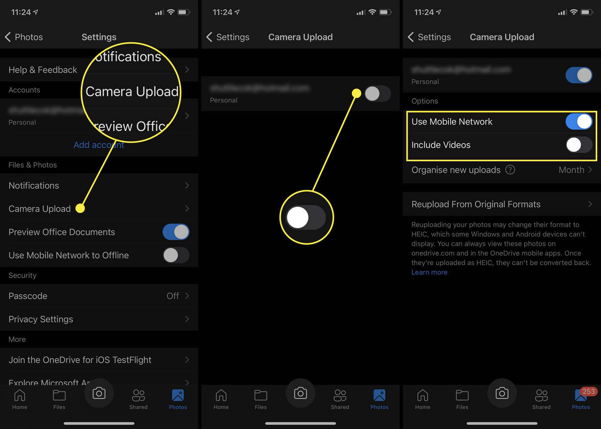 Kameran latausasetukset iPhonen OneDrive-sovelluksessa.