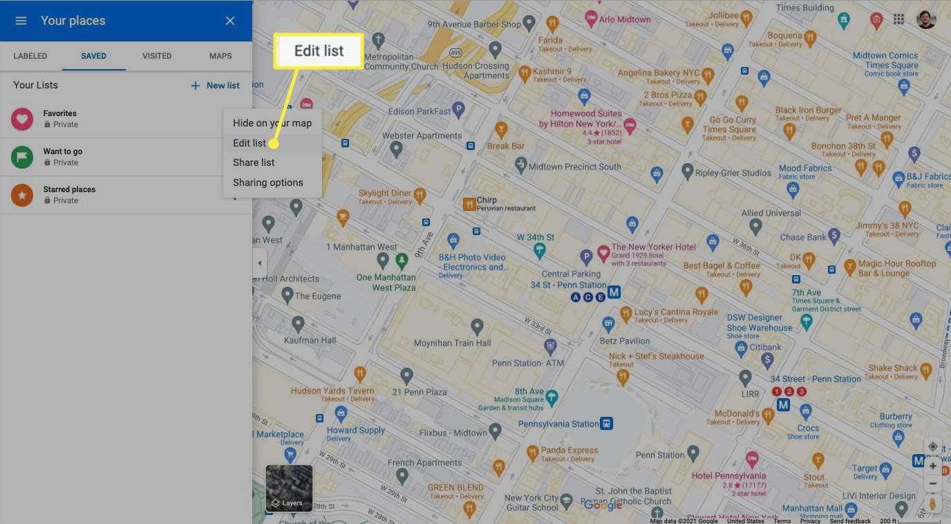 Muokkaa luetteloa, joka on korostettuna Google Mapsin Paikkasi asetuksissa