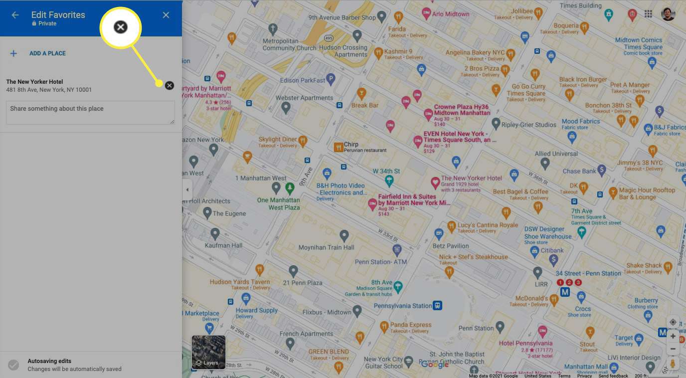 X merkitty osoitteen viereen Google Mapsissa