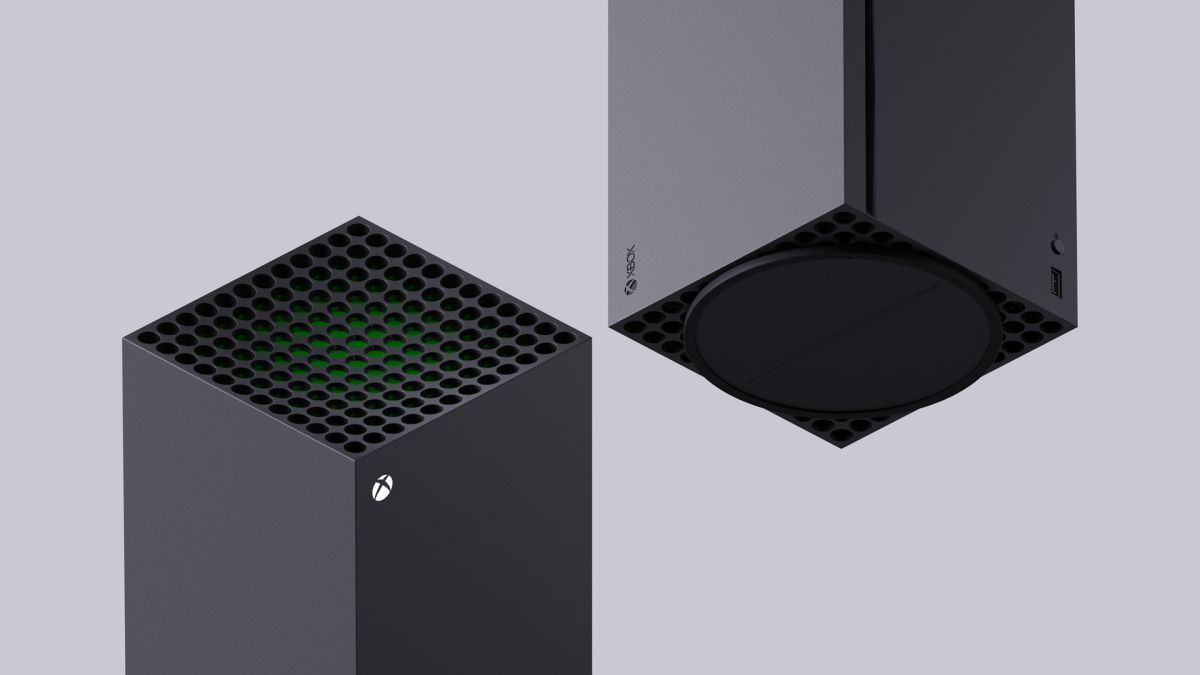 Näkymä Xbox Series X:n ylä- ja alaosasta pystyasennossa