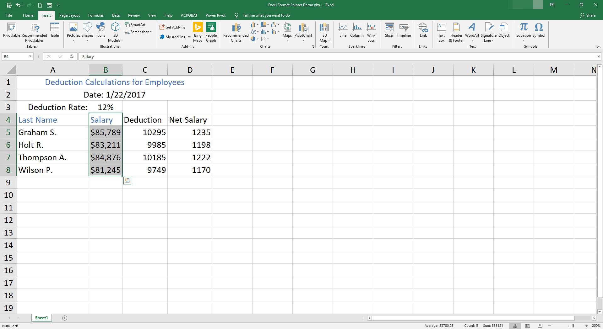 Solut B4–B8 valitaan Excelissä.