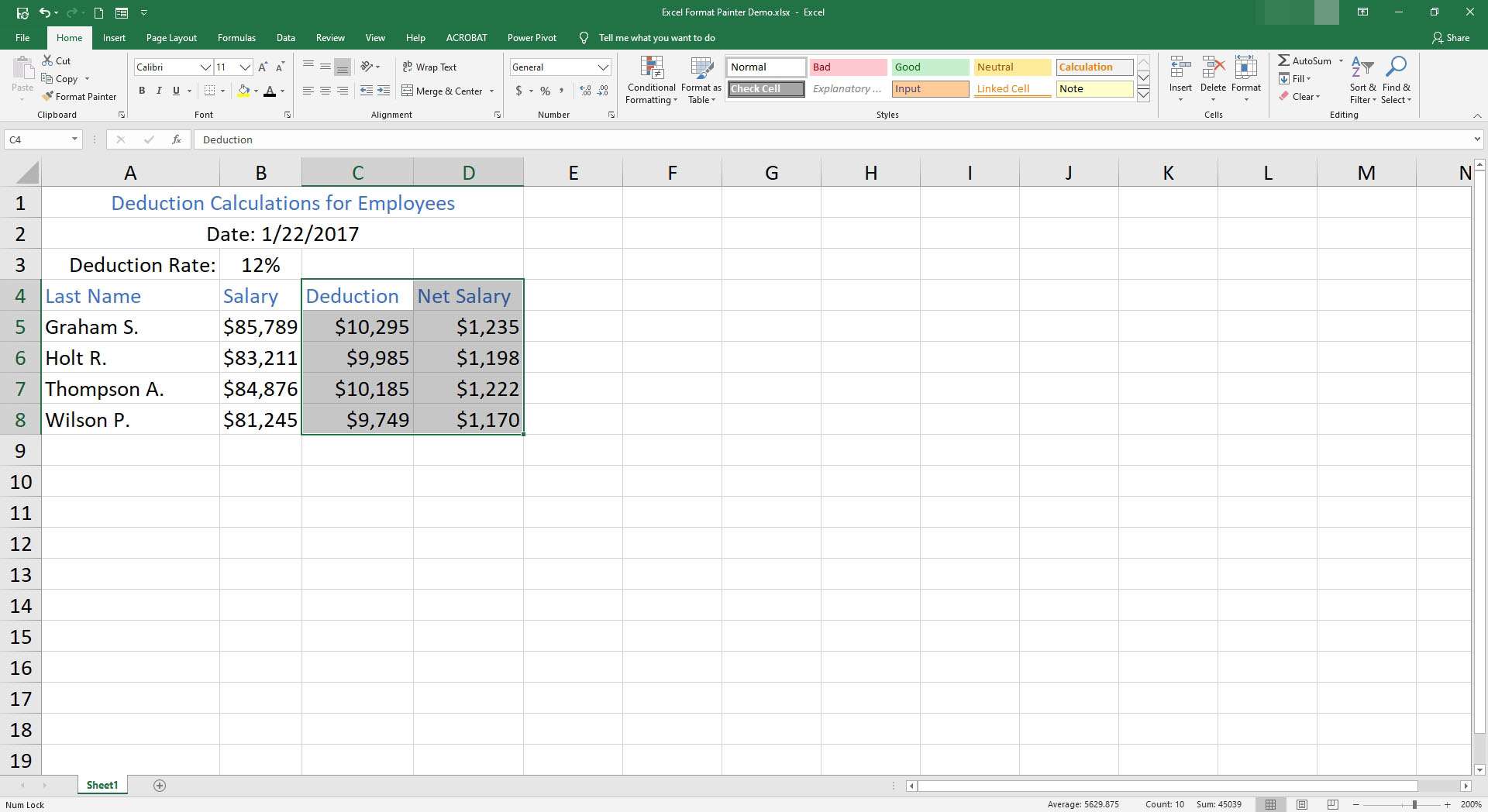 Formaattimaalaajan lopputuote Excelissä.