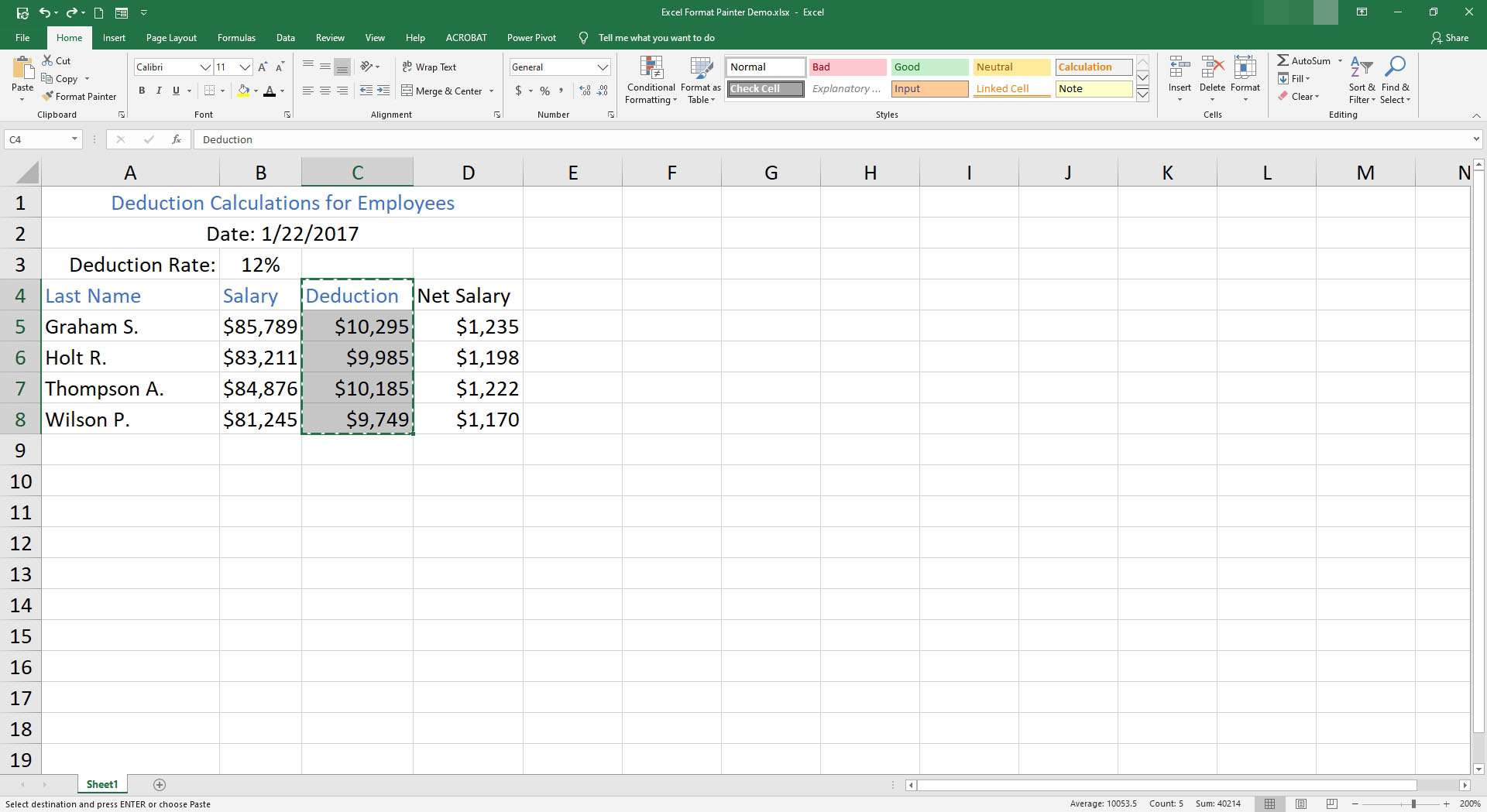 Solut C4–C8 valitaan Excelissä.