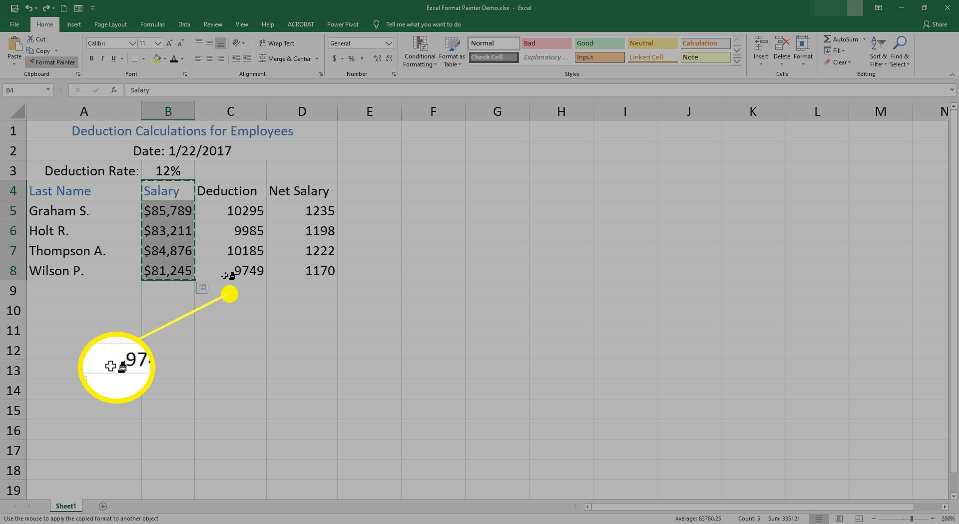 Kokopiirustuskohdistin muuttuu siveltimeksi Excelissä.