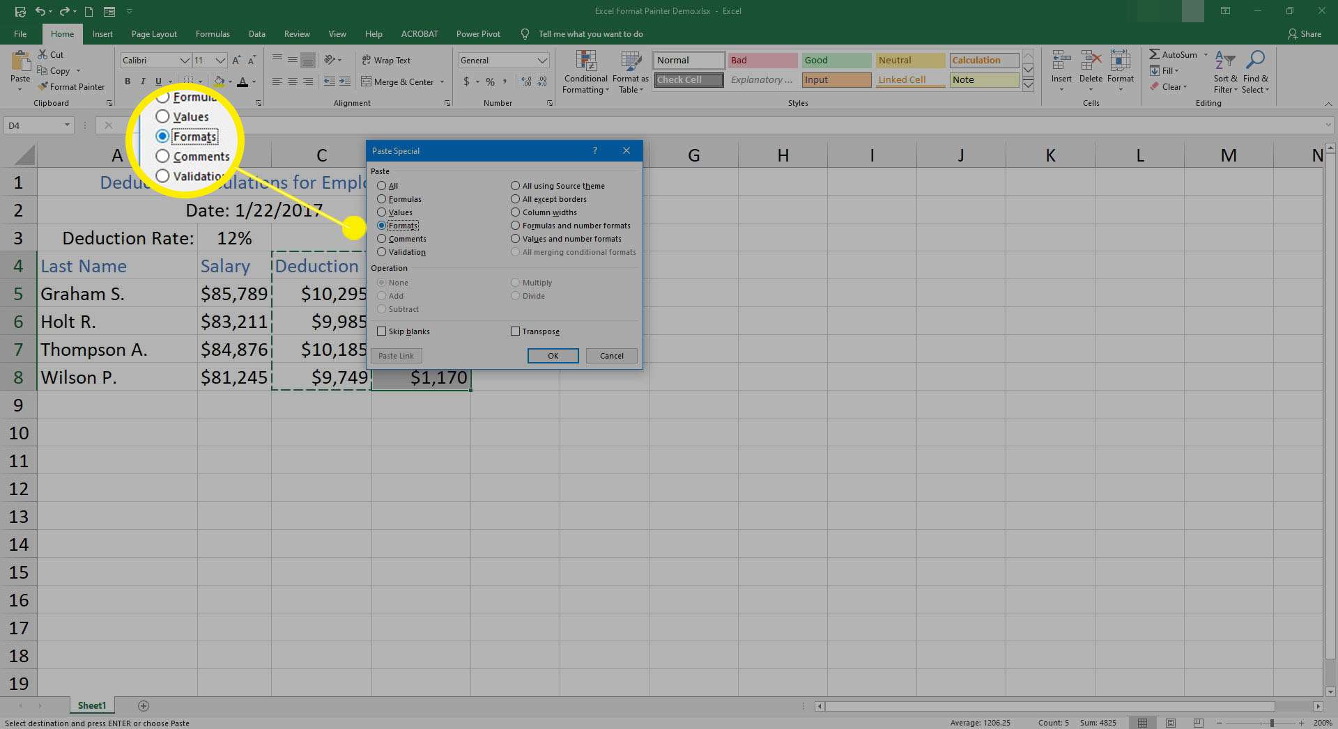 Liitä muotoiluasetus on korostettu Excelissä.