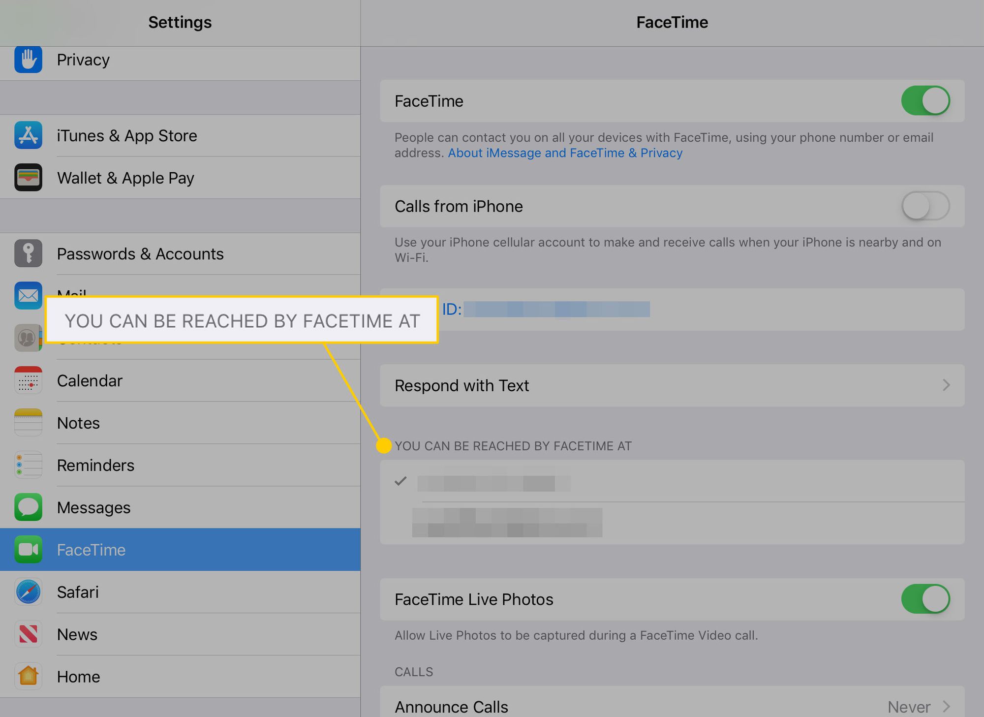 FaceTime-asetukset iPadissa, jossa on korostettuna otsikko "Sinulle tavoittaa FaceTime on".