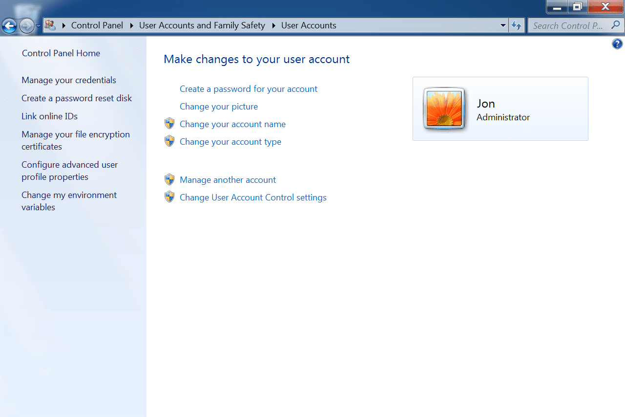 Windows 7:n käyttäjätilit -näyttö Ohjauspaneelissa