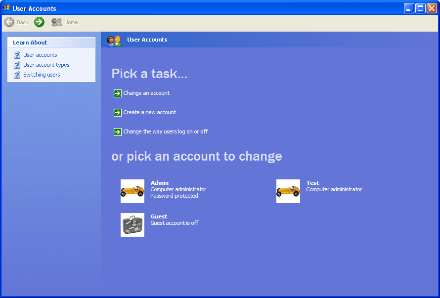 Windows XP:n käyttäjätilit Ohjauspaneelissa