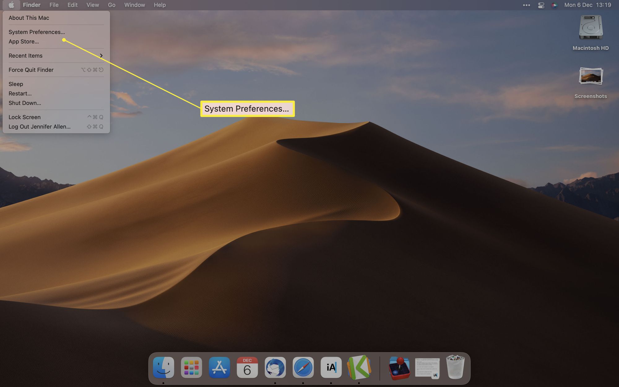 MacOS-työpöytä, jossa Järjestelmäasetukset korostettuina.