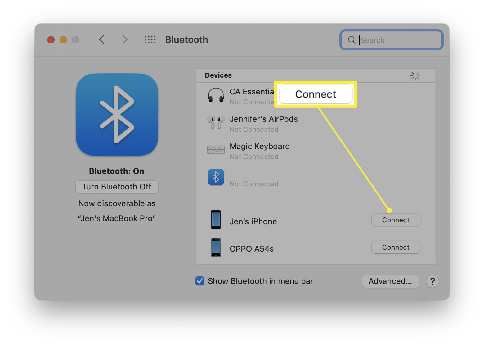 MacOS Bluetooth-asetukset Yhdistä korostettuna.