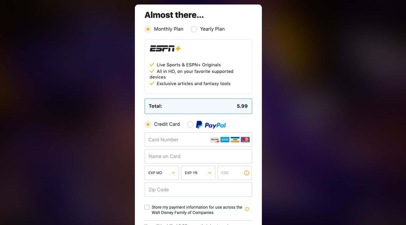 Anna luottokorttitietosi ostaaksesi ESPN+