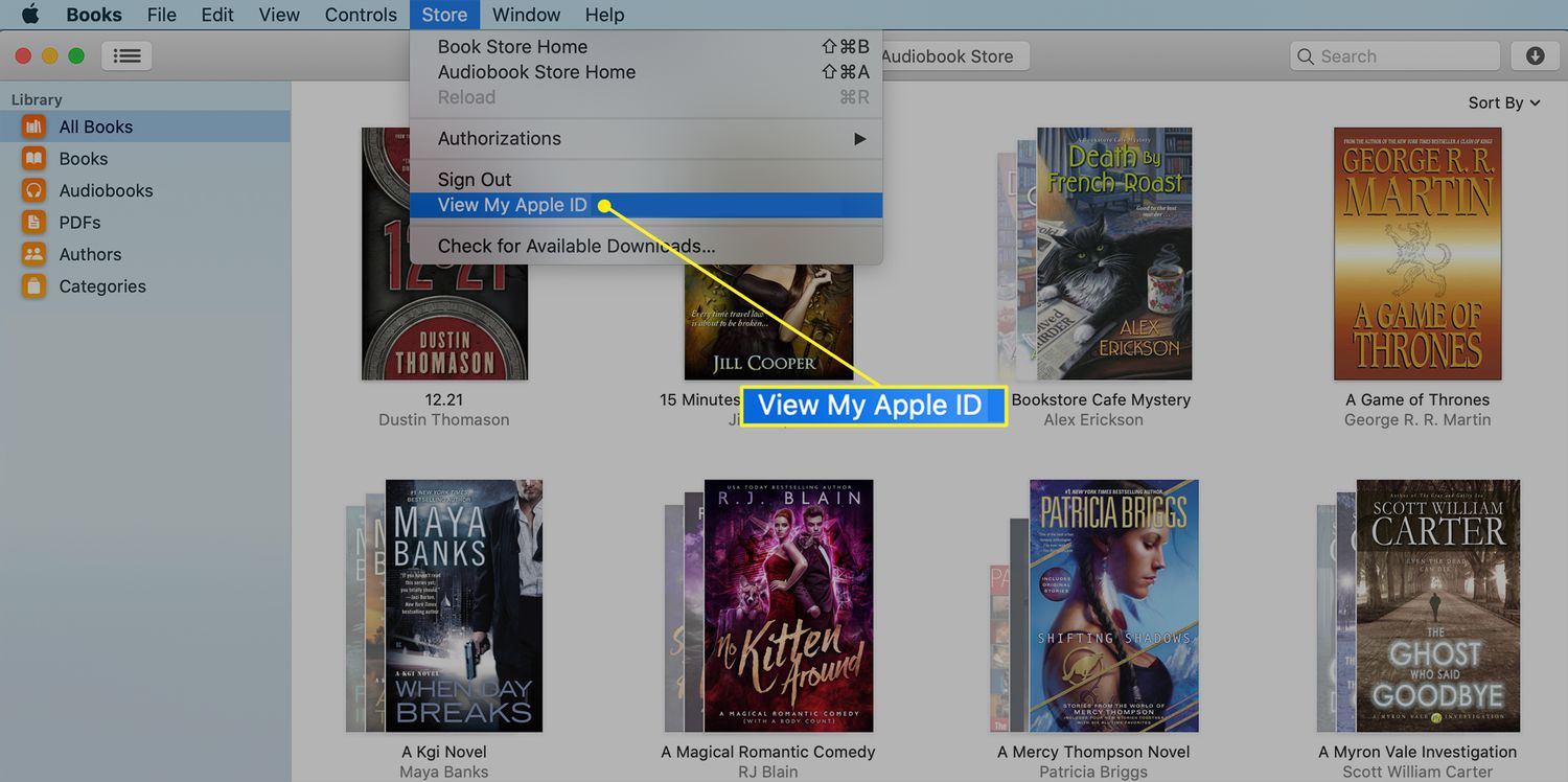 Macin Kirjat-sovelluksen Store-valikko, jossa Näytä oma Apple ID on valittuna