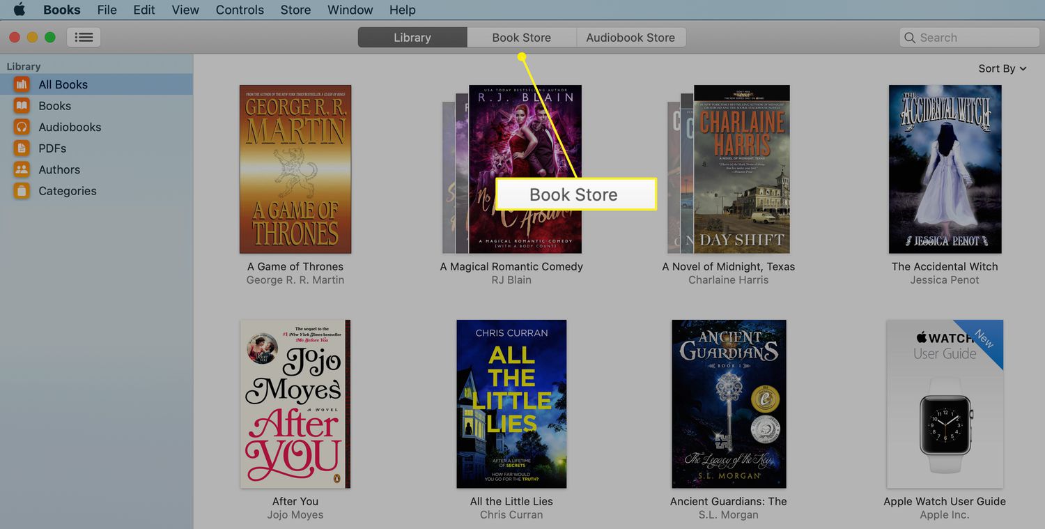 Mac Books -sovellus, jossa on Kirjakauppa-välilehti valittuna