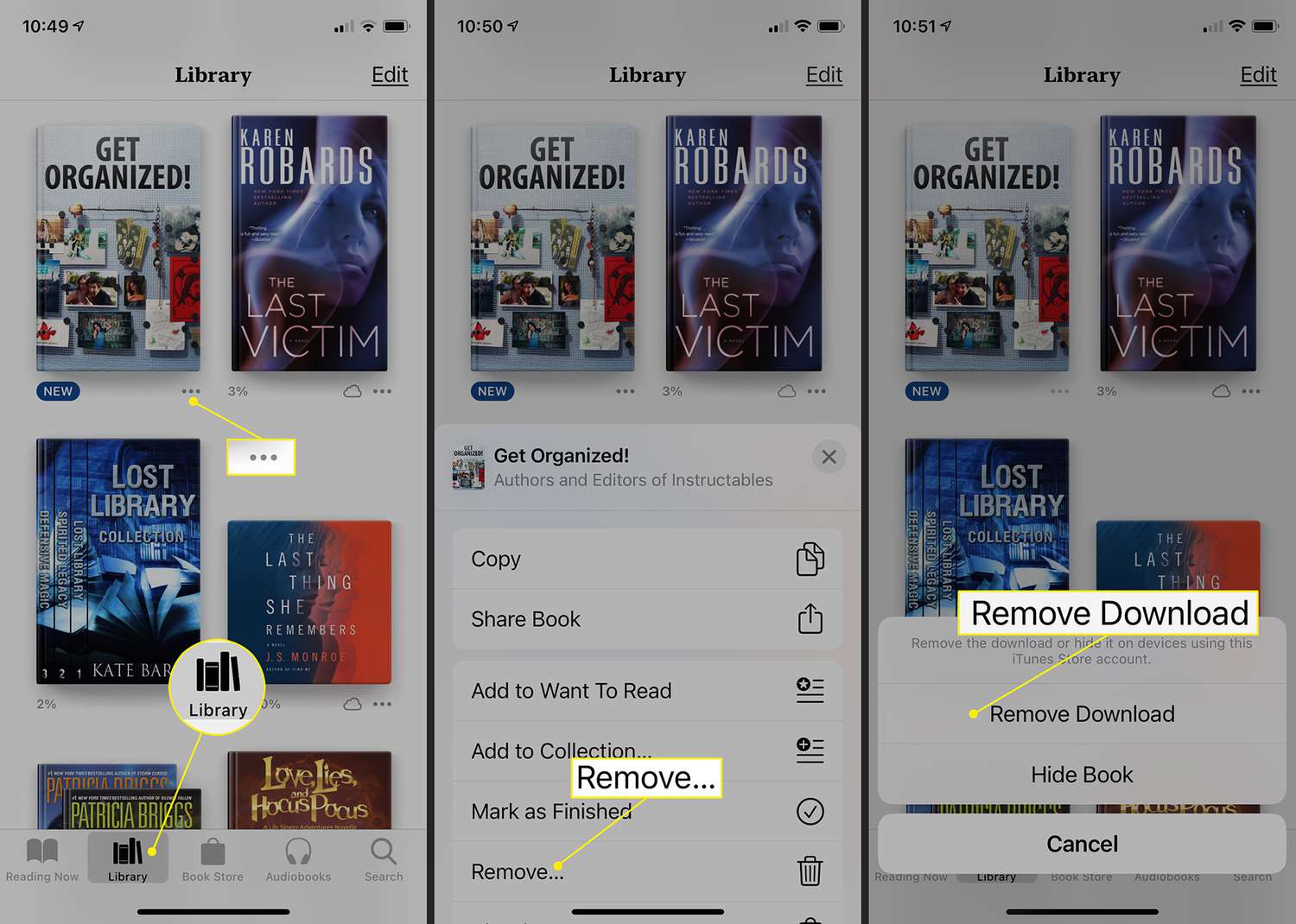 iOS Books -sovellus iPhonessa, joka näyttää, kuinka ladattu kirja poistetaan