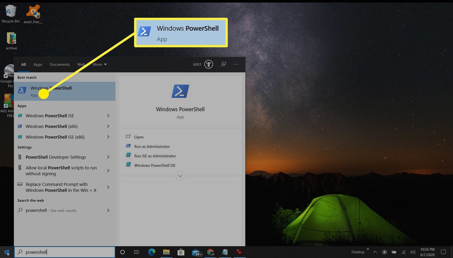Kuvakaappaus PowerShellin avaamisesta Windows 10:ssä