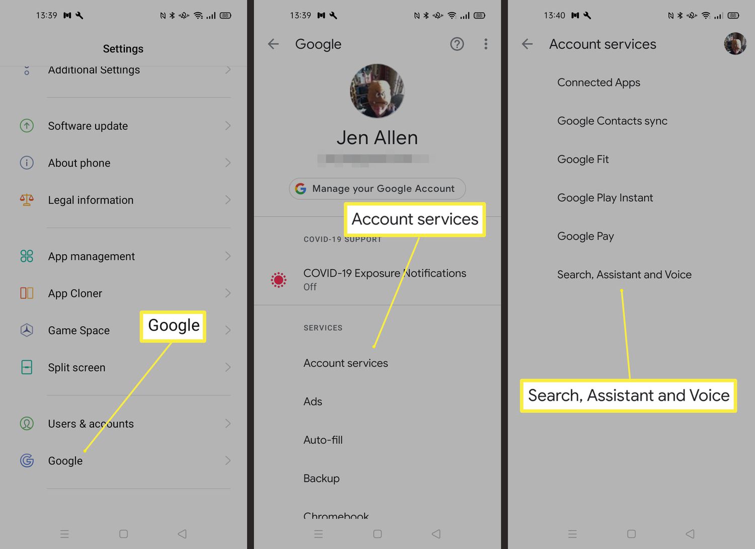 Google Voice -asetusten hallintaan Android-puhelimessa vaadittavat vaiheet