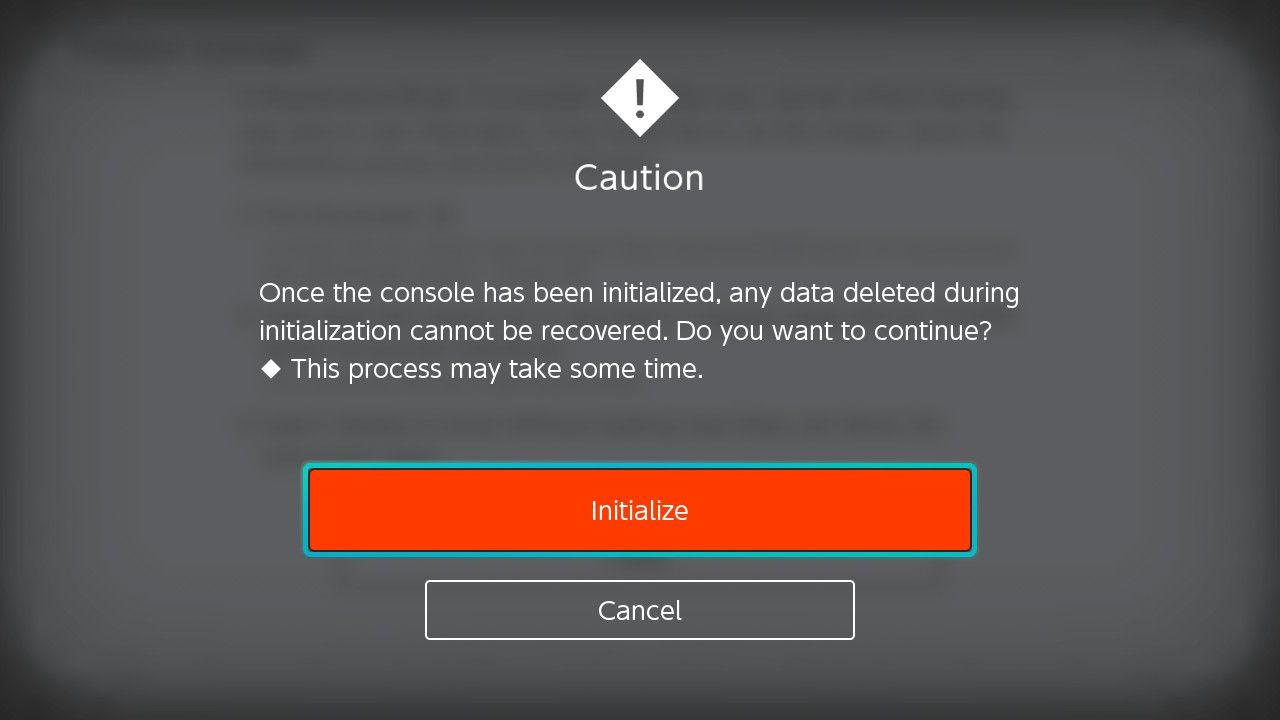 Kuvakaappaus Initialize Console -varoituksesta Nintendo Switch OLED:ssä
