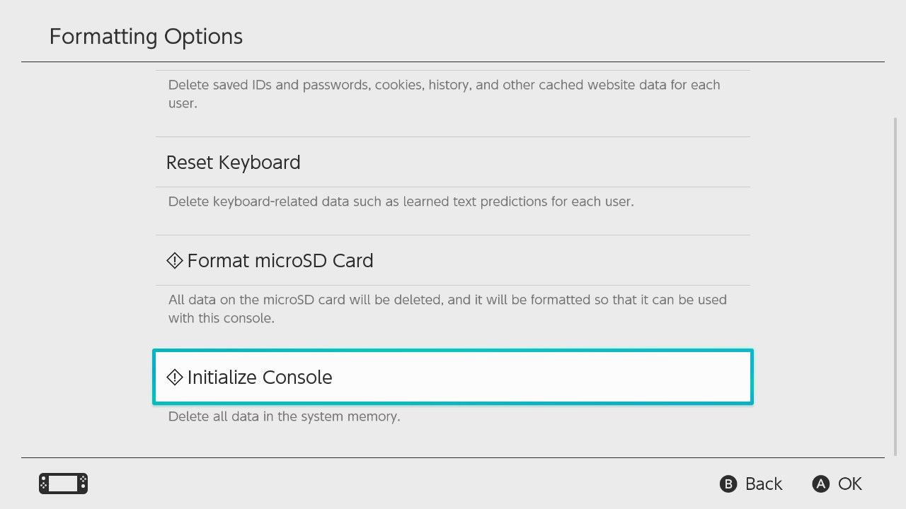 Kuvakaappaus Nintendo Switchin Muotoiluasetukset-valikosta, jossa Initialize Console -vaihtoehto on korostettuna.