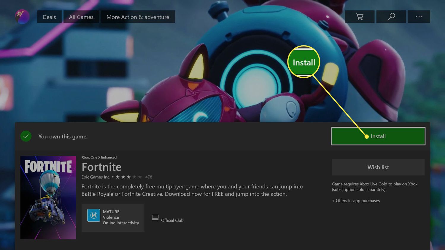 Fortnite-videopeli Xbox One -konsolikaupassa.